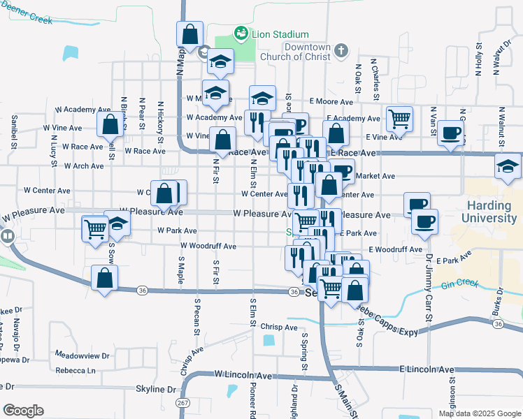 map of restaurants, bars, coffee shops, grocery stores, and more near 300 West Pleasure Avenue in Searcy