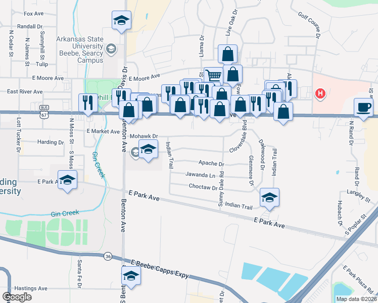 map of restaurants, bars, coffee shops, grocery stores, and more near 120 Cloverdale Boulevard in Searcy