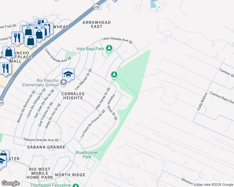 map of restaurants, bars, coffee shops, grocery stores, and more near 506 Palmas Altas Drive Southeast in Rio Rancho