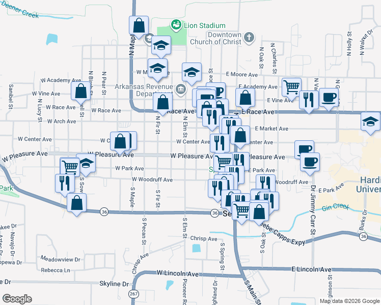 map of restaurants, bars, coffee shops, grocery stores, and more near 300 West Pleasure Avenue in Searcy