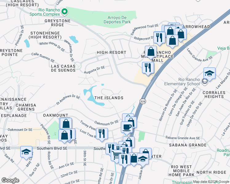 map of restaurants, bars, coffee shops, grocery stores, and more near 580 Eastlake Drive Southeast in Rio Rancho