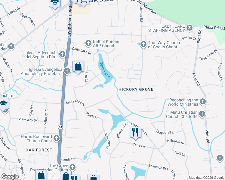map of restaurants, bars, coffee shops, grocery stores, and more near 6317 Linda Lake Court in Charlotte