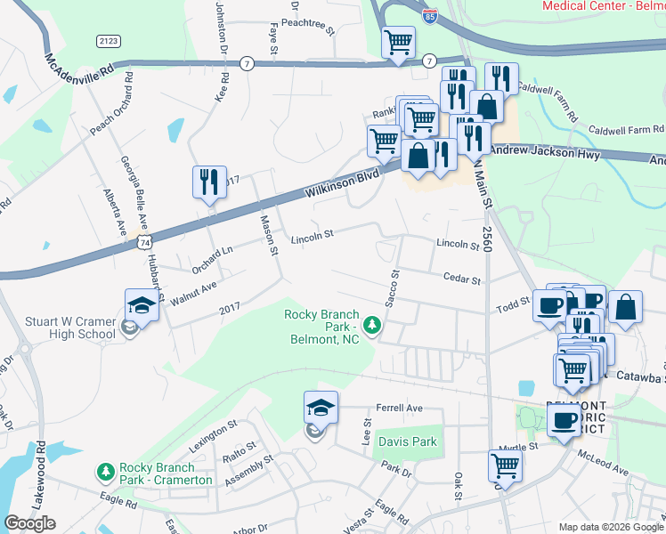 map of restaurants, bars, coffee shops, grocery stores, and more near 332 Todd Street in Belmont