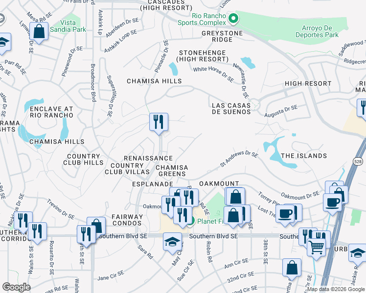 map of restaurants, bars, coffee shops, grocery stores, and more near 3410 Marino Drive in Rio Rancho