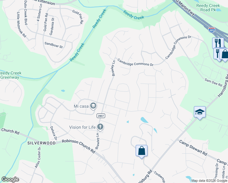 map of restaurants, bars, coffee shops, grocery stores, and more near 8014 Rowling Drive in Charlotte