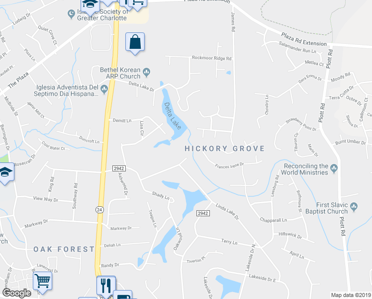 map of restaurants, bars, coffee shops, grocery stores, and more near 6317 Linda Lake Court in Charlotte