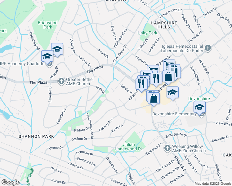 map of restaurants, bars, coffee shops, grocery stores, and more near in Charlotte
