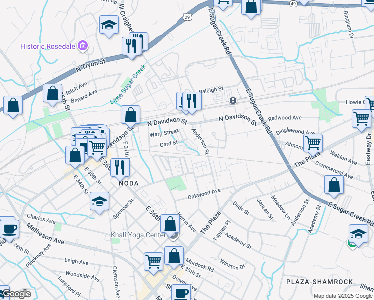 map of restaurants, bars, coffee shops, grocery stores, and more near 3634 Card Street in Charlotte