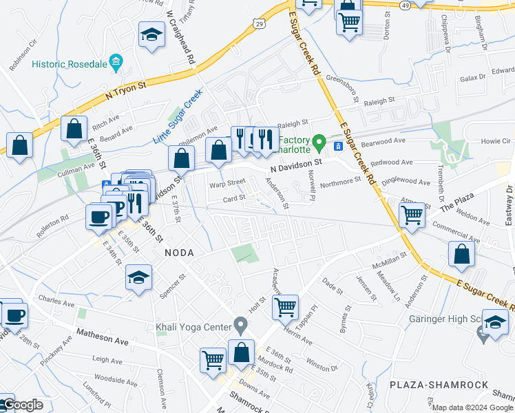 map of restaurants, bars, coffee shops, grocery stores, and more near 3634 Card Street in Charlotte
