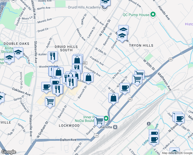 map of restaurants, bars, coffee shops, grocery stores, and more near in Charlotte