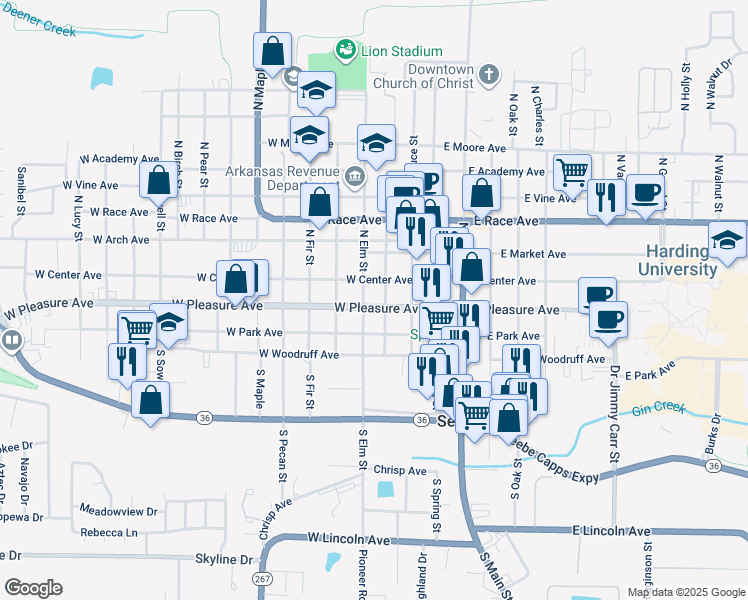 map of restaurants, bars, coffee shops, grocery stores, and more near 303 West Center Avenue in Searcy