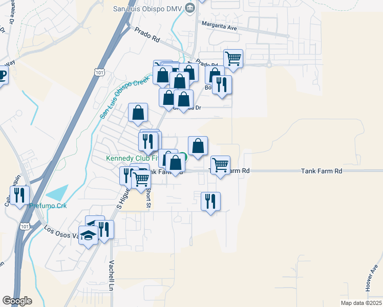 map of restaurants, bars, coffee shops, grocery stores, and more near 206 Tank Farm Road in San Luis Obispo