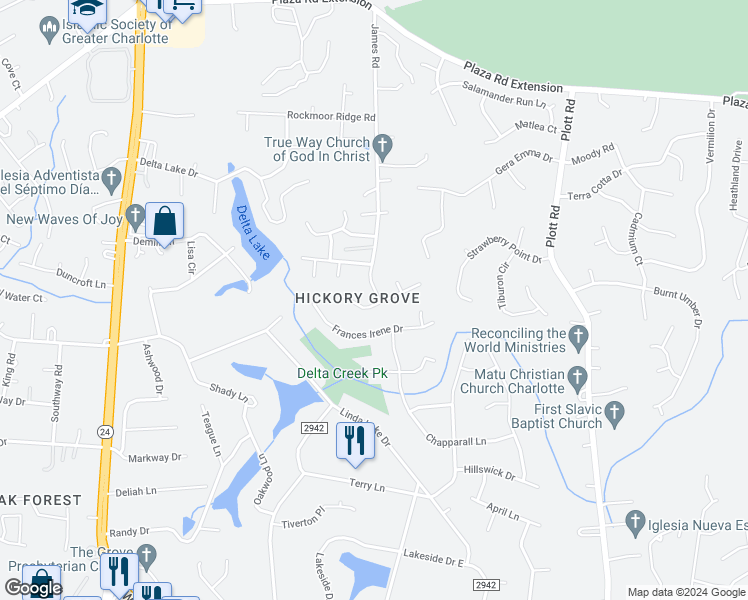 map of restaurants, bars, coffee shops, grocery stores, and more near 7336 William Reynolds Drive in Charlotte