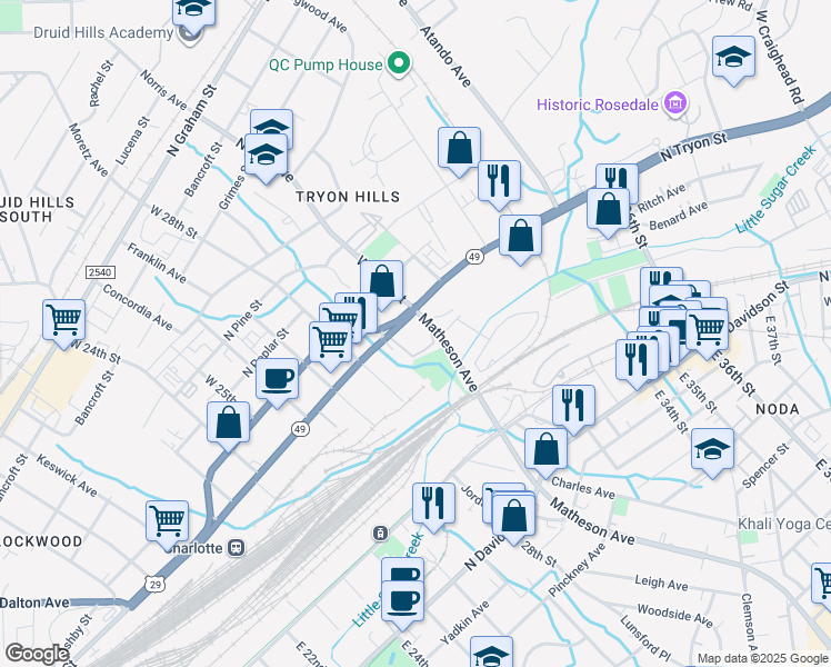 map of restaurants, bars, coffee shops, grocery stores, and more near 110 Matheson Ave in Charlotte
