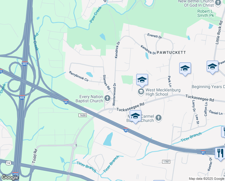 map of restaurants, bars, coffee shops, grocery stores, and more near 3067 Starnes Road in Charlotte