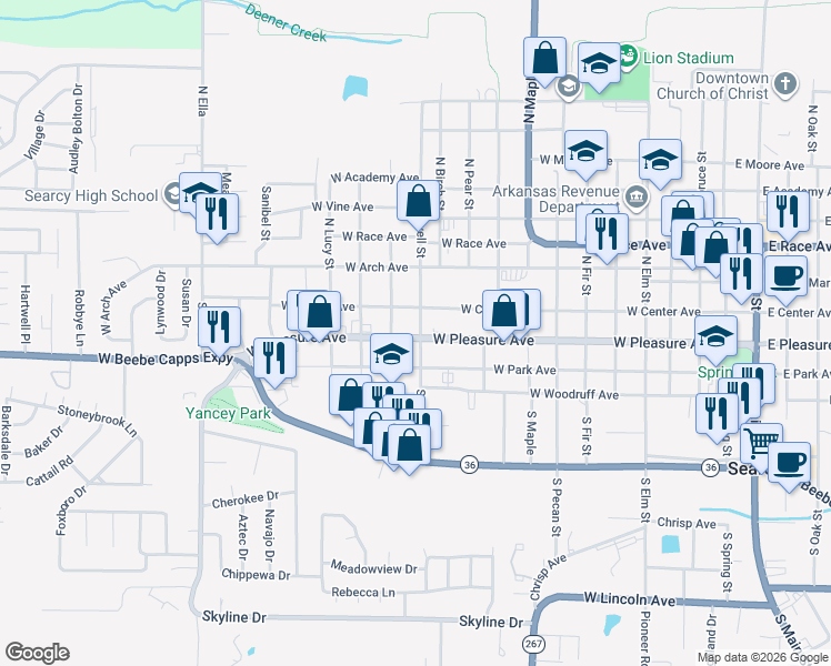 map of restaurants, bars, coffee shops, grocery stores, and more near 1107 West Center Avenue in Searcy