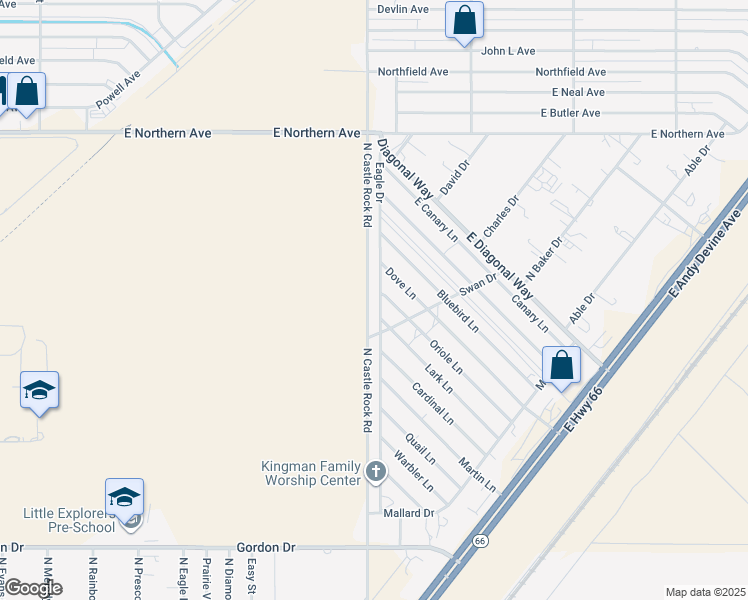 map of restaurants, bars, coffee shops, grocery stores, and more near 4255-4411 N Castle Rock Rd in Kingman
