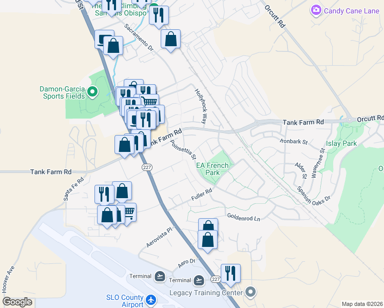 map of restaurants, bars, coffee shops, grocery stores, and more near Poinsettia Street & Bluebell Way in San Luis Obispo