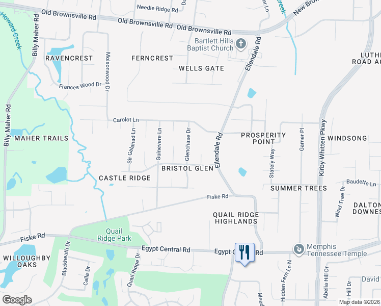 map of restaurants, bars, coffee shops, grocery stores, and more near 4492 Glenchase Drive in Bartlett