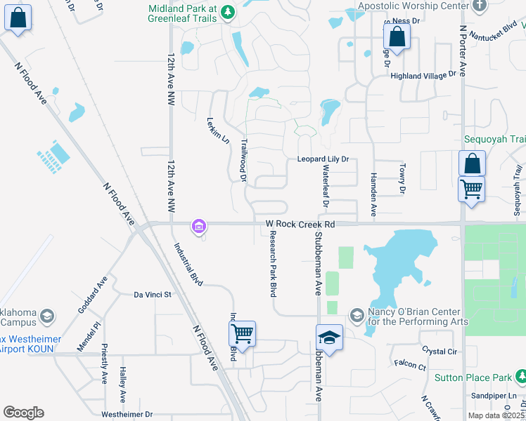 map of restaurants, bars, coffee shops, grocery stores, and more near 805 Grickle Drive in Norman