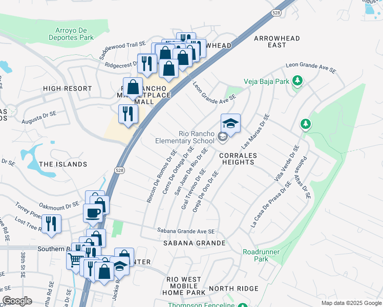 map of restaurants, bars, coffee shops, grocery stores, and more near 503 San Juan De Rio Drive Southeast in Rio Rancho