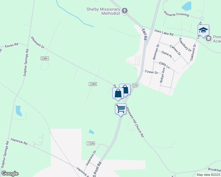 map of restaurants, bars, coffee shops, grocery stores, and more near 101 Byrd Drive in Shelby