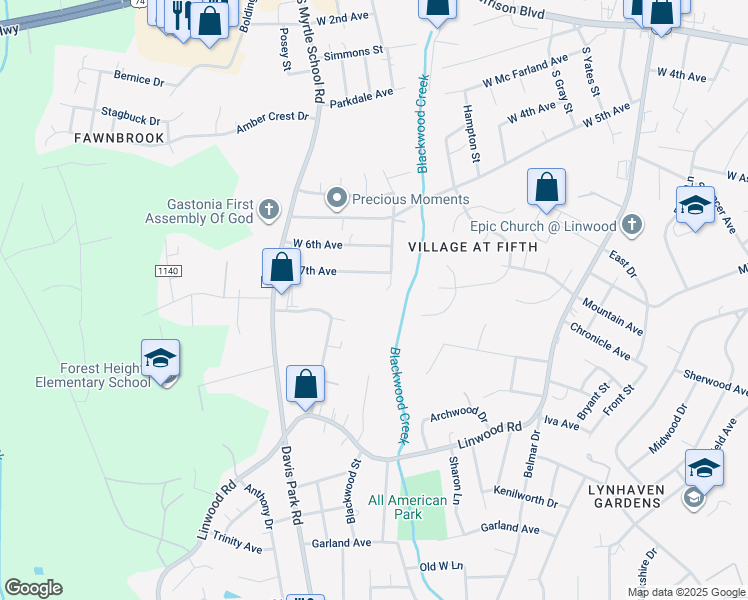 map of restaurants, bars, coffee shops, grocery stores, and more near 1031 Lakeview Street in Gastonia