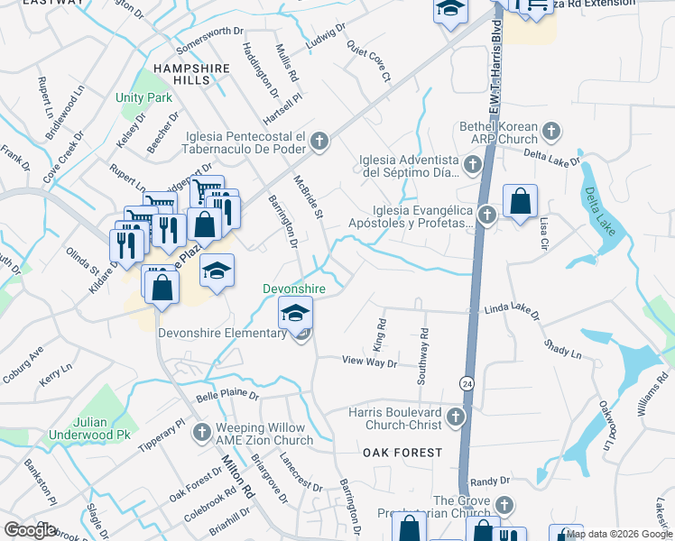 map of restaurants, bars, coffee shops, grocery stores, and more near 6525 McBride Street in Charlotte