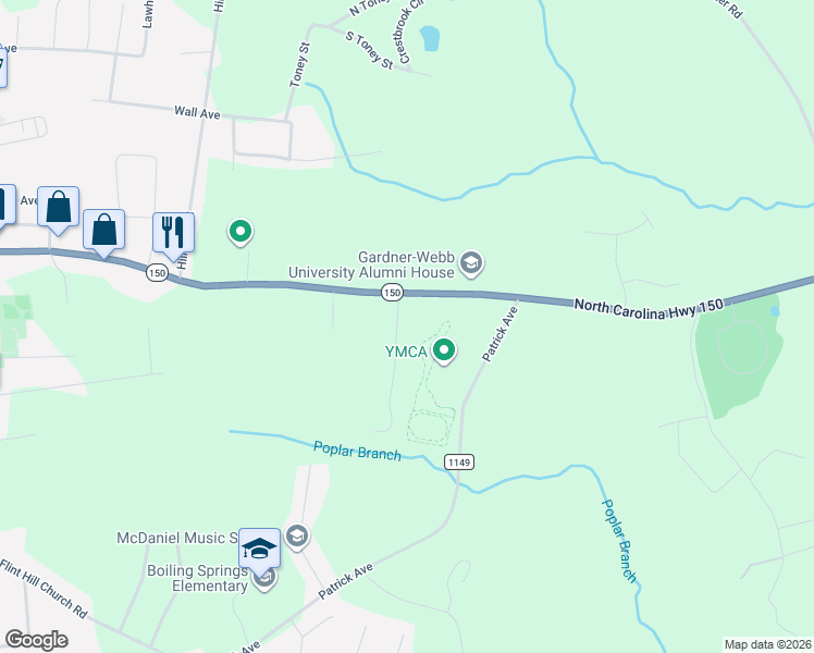 map of restaurants, bars, coffee shops, grocery stores, and more near 440 East College Avenue in Shelby
