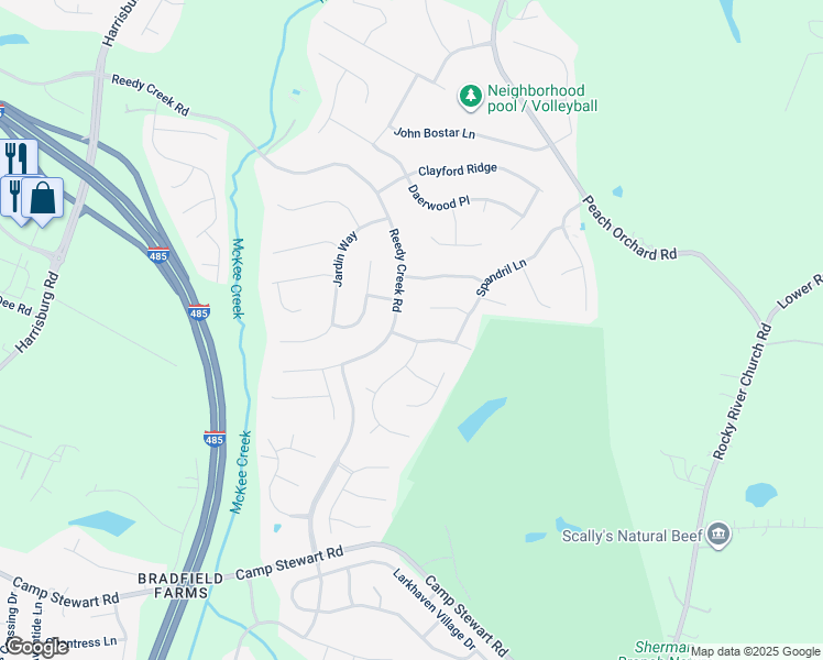 map of restaurants, bars, coffee shops, grocery stores, and more near 11102 Renda Court in Charlotte