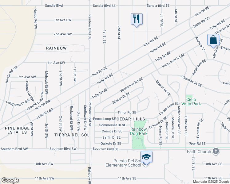 map of restaurants, bars, coffee shops, grocery stores, and more near 652 Vancouver Road Southeast in Rio Rancho