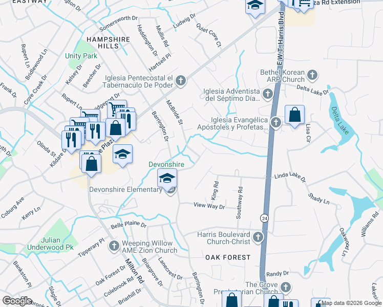 map of restaurants, bars, coffee shops, grocery stores, and more near 6525 McBride Street in Charlotte
