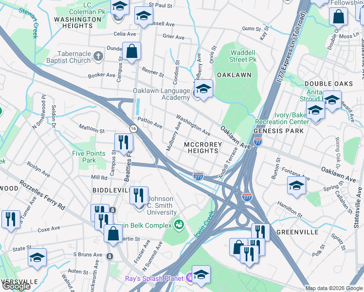 map of restaurants, bars, coffee shops, grocery stores, and more near 1723 Patton Avenue in Charlotte