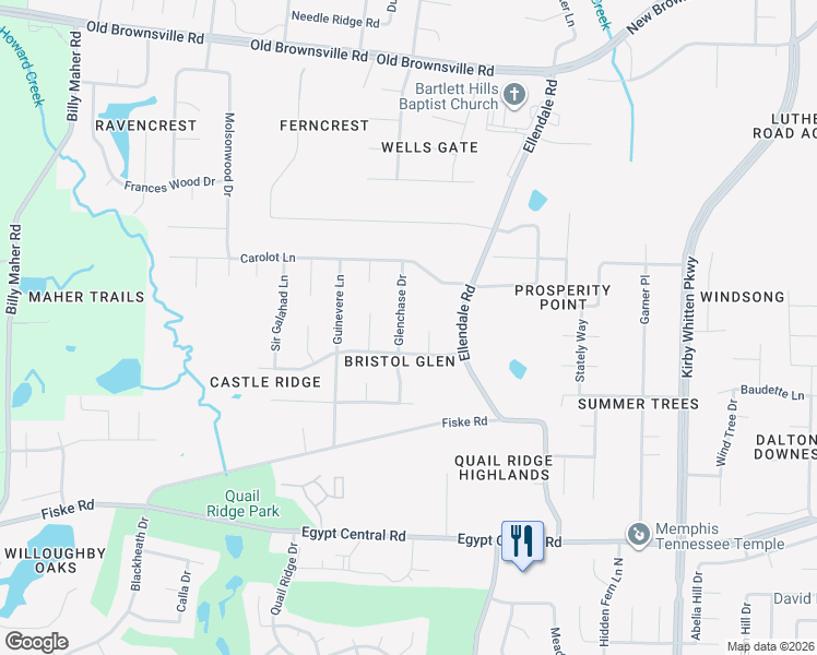 map of restaurants, bars, coffee shops, grocery stores, and more near 4492 Glenchase Drive in Bartlett