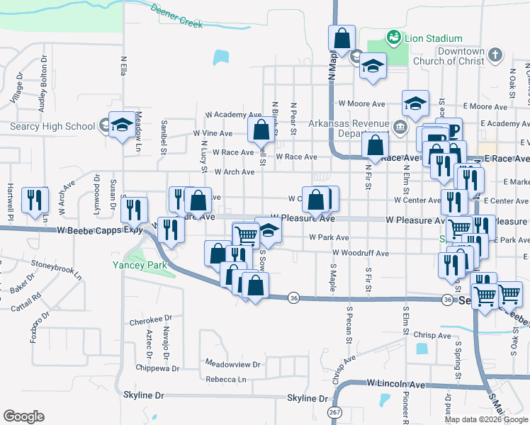 map of restaurants, bars, coffee shops, grocery stores, and more near 1107 West Center Avenue in Searcy