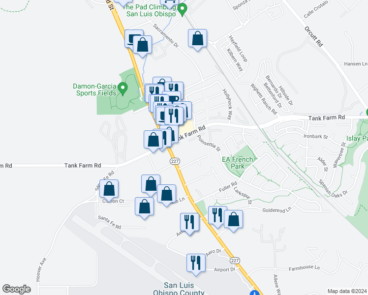 map of restaurants, bars, coffee shops, grocery stores, and more near 735 Tank Farm Road in San Luis Obispo