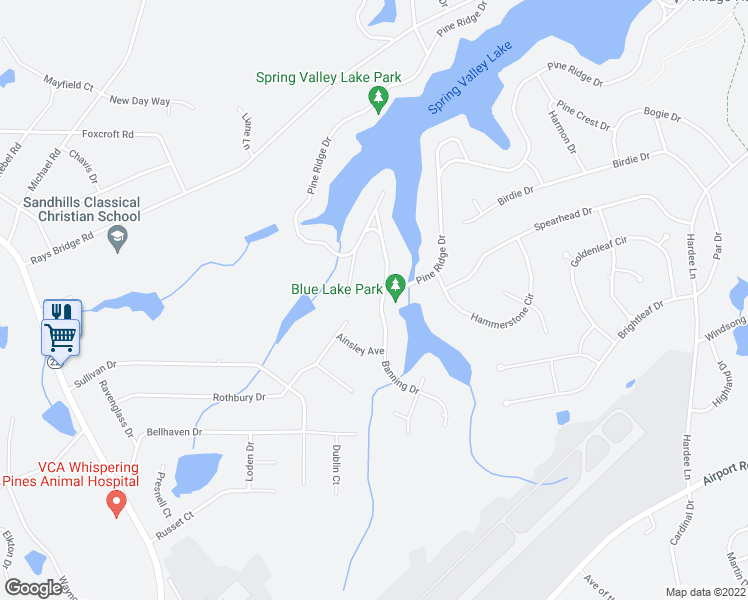 map of restaurants, bars, coffee shops, grocery stores, and more near 2 Banning Drive in Whispering Pines