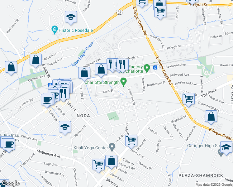 map of restaurants, bars, coffee shops, grocery stores, and more near 3741 Picasso Court in Charlotte
