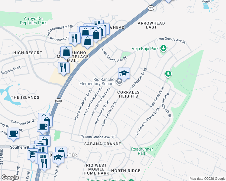 map of restaurants, bars, coffee shops, grocery stores, and more near 501 Gral Trevino Drive Southeast in Rio Rancho