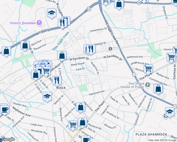 map of restaurants, bars, coffee shops, grocery stores, and more near 3913 Picasso Court in Charlotte