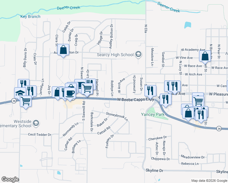 map of restaurants, bars, coffee shops, grocery stores, and more near 12 Robbye Lane in Searcy