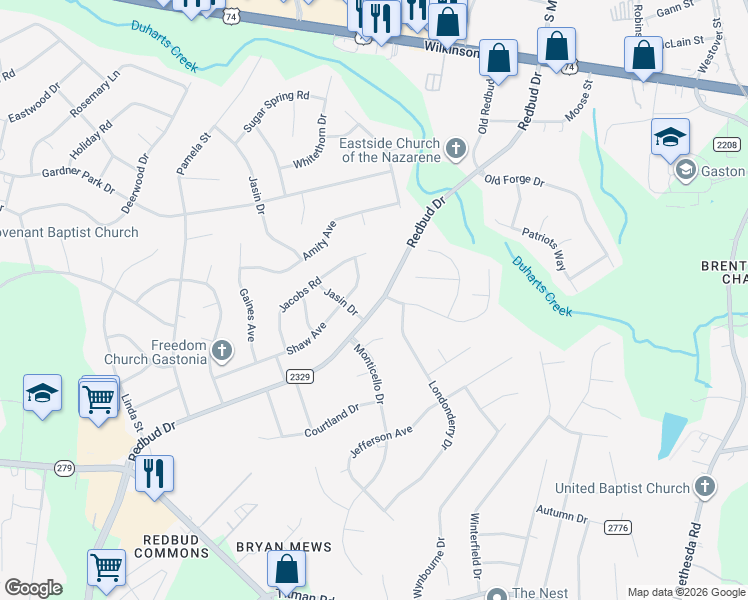 map of restaurants, bars, coffee shops, grocery stores, and more near 2600 Independence Way in Gastonia