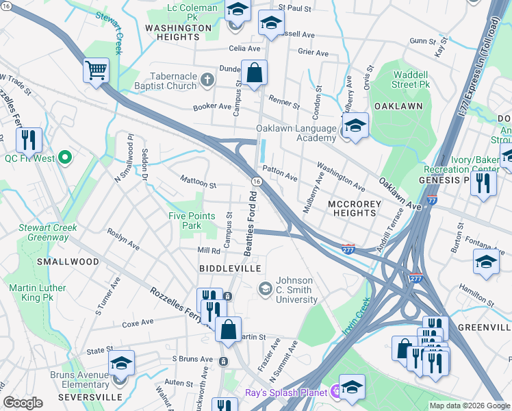 map of restaurants, bars, coffee shops, grocery stores, and more near in Charlotte