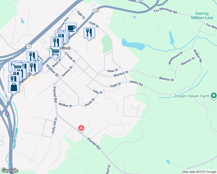 map of restaurants, bars, coffee shops, grocery stores, and more near 429 Peak Street in Columbus
