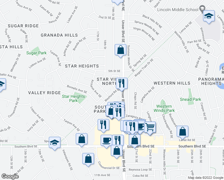 map of restaurants, bars, coffee shops, grocery stores, and more near 1864 Carina Court Southeast in Rio Rancho