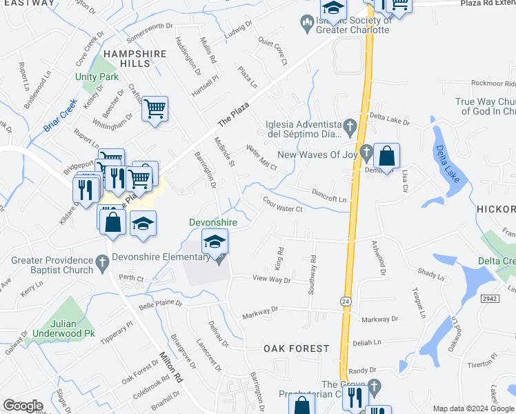 map of restaurants, bars, coffee shops, grocery stores, and more near 6601 Rosecran Drive in Charlotte