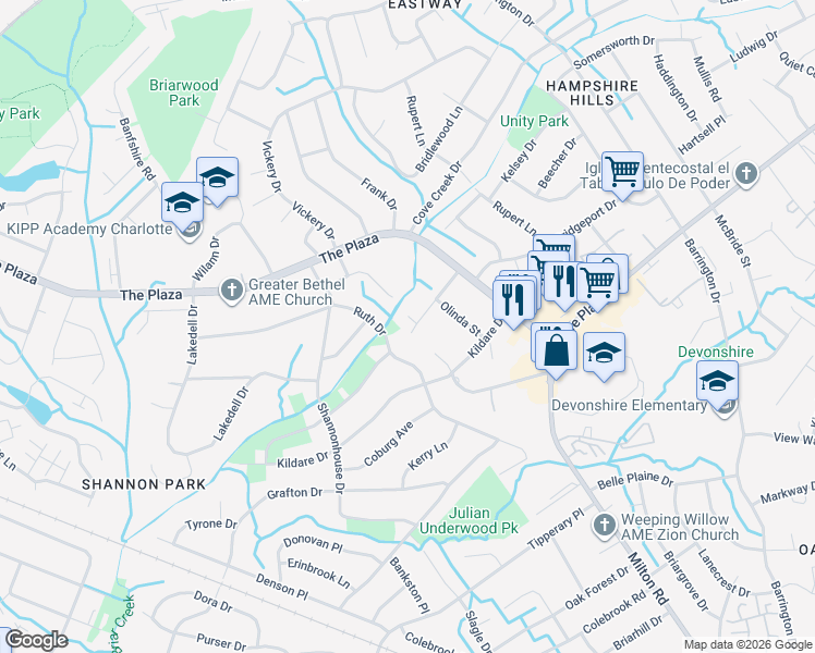 map of restaurants, bars, coffee shops, grocery stores, and more near 5517 Cutshaw Court in Charlotte