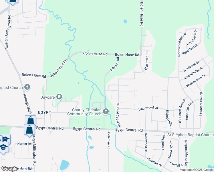 map of restaurants, bars, coffee shops, grocery stores, and more near 4464 Cedar Ridge Lane in Memphis