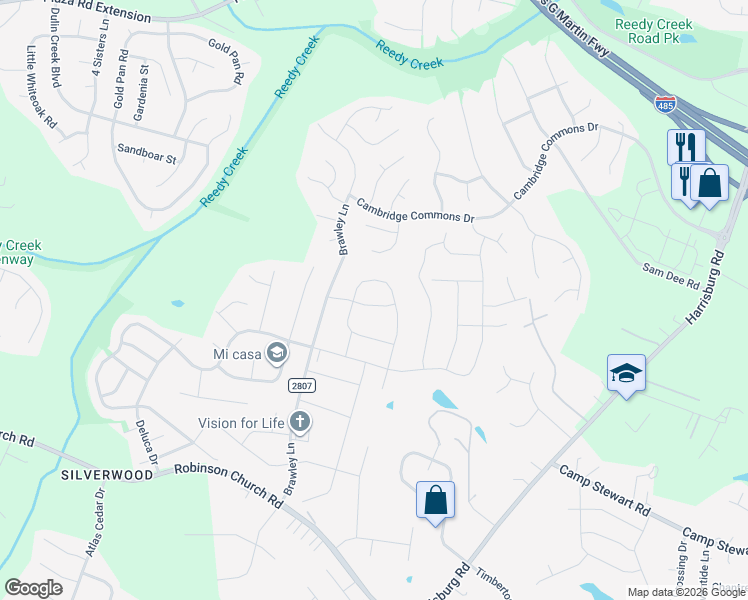 map of restaurants, bars, coffee shops, grocery stores, and more near 8014 Rowling Drive in Charlotte