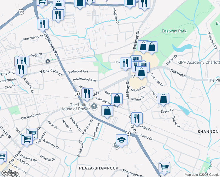 map of restaurants, bars, coffee shops, grocery stores, and more near 4233 The Plaza in Charlotte